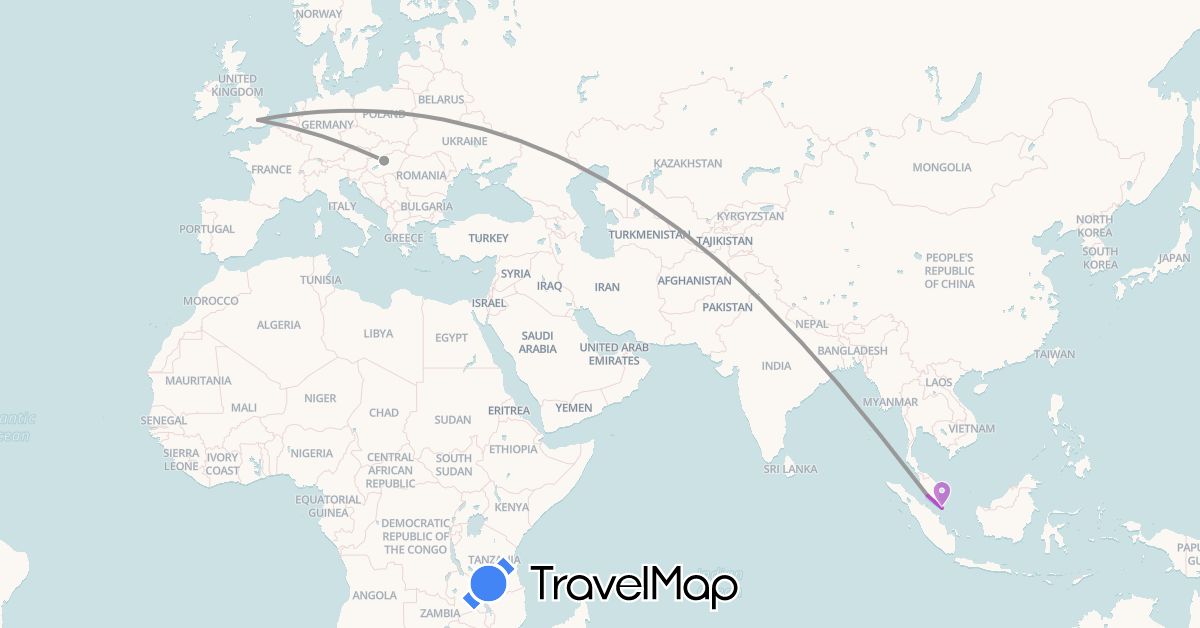 TravelMap itinerary: driving, plane, train in United Kingdom, Hungary, Malaysia, Singapore (Asia, Europe)